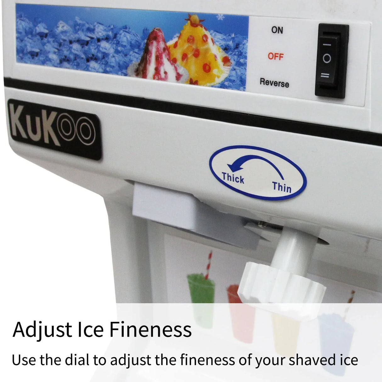 KuKoo Ice Shaver control panel showing dial for adjusting ice fineness, with on/off switch and reverse function for versatility