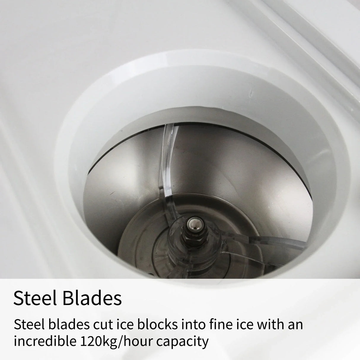 KuKoo Ice Shaver features sharp steel blades for finely shaved ice, designed for high efficiency with a 120kg/hour capacity