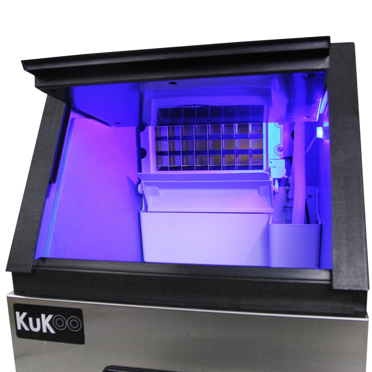 KuKoo Commercial Ice Machine interior with blue LED lighting, showcasing the ice storage compartment and stainless steel finish