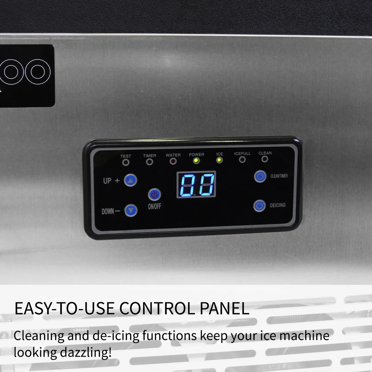 Easy-to-use control panel of the KuKoo Commercial Ice Machine with digital display, buttons for settings, and sleek stainless steel finish