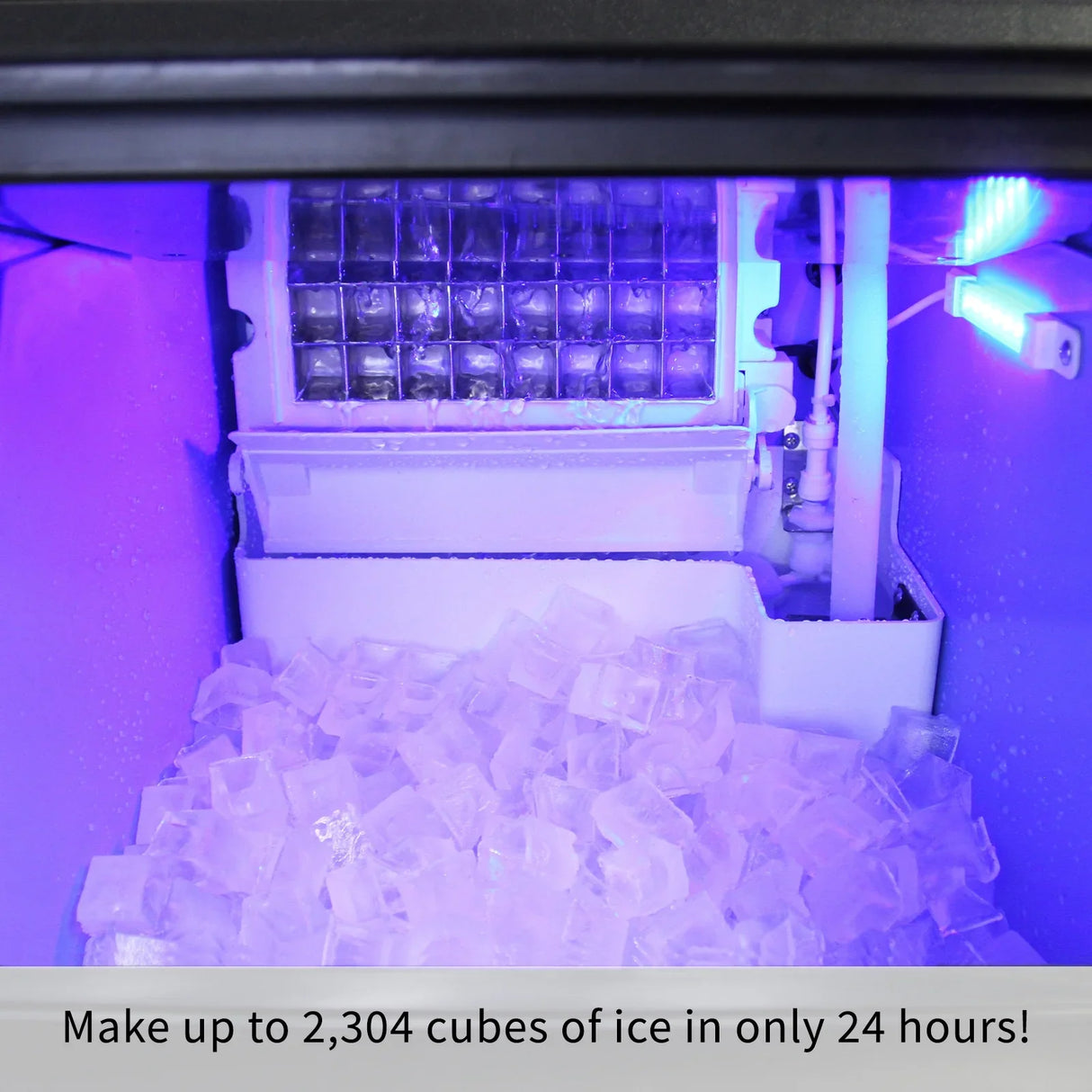 KuKoo Commercial Ice Machine interior showing ice storage, illuminated by blue light, with clear ice cubes and a sleek design
