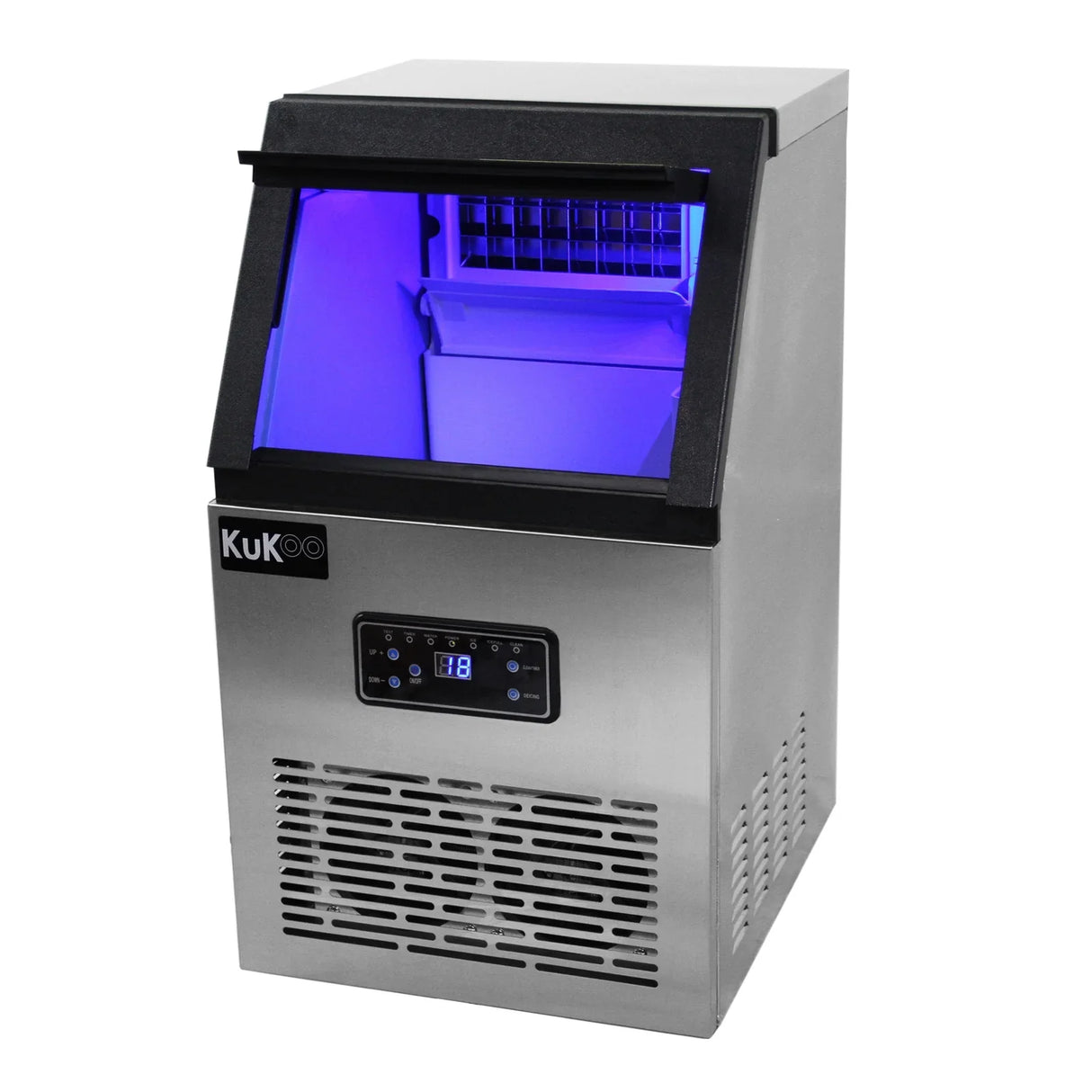 Stainless steel KuKoo Commercial Ice Machine with a sleek design, illuminated interior, and digital display for easy operation