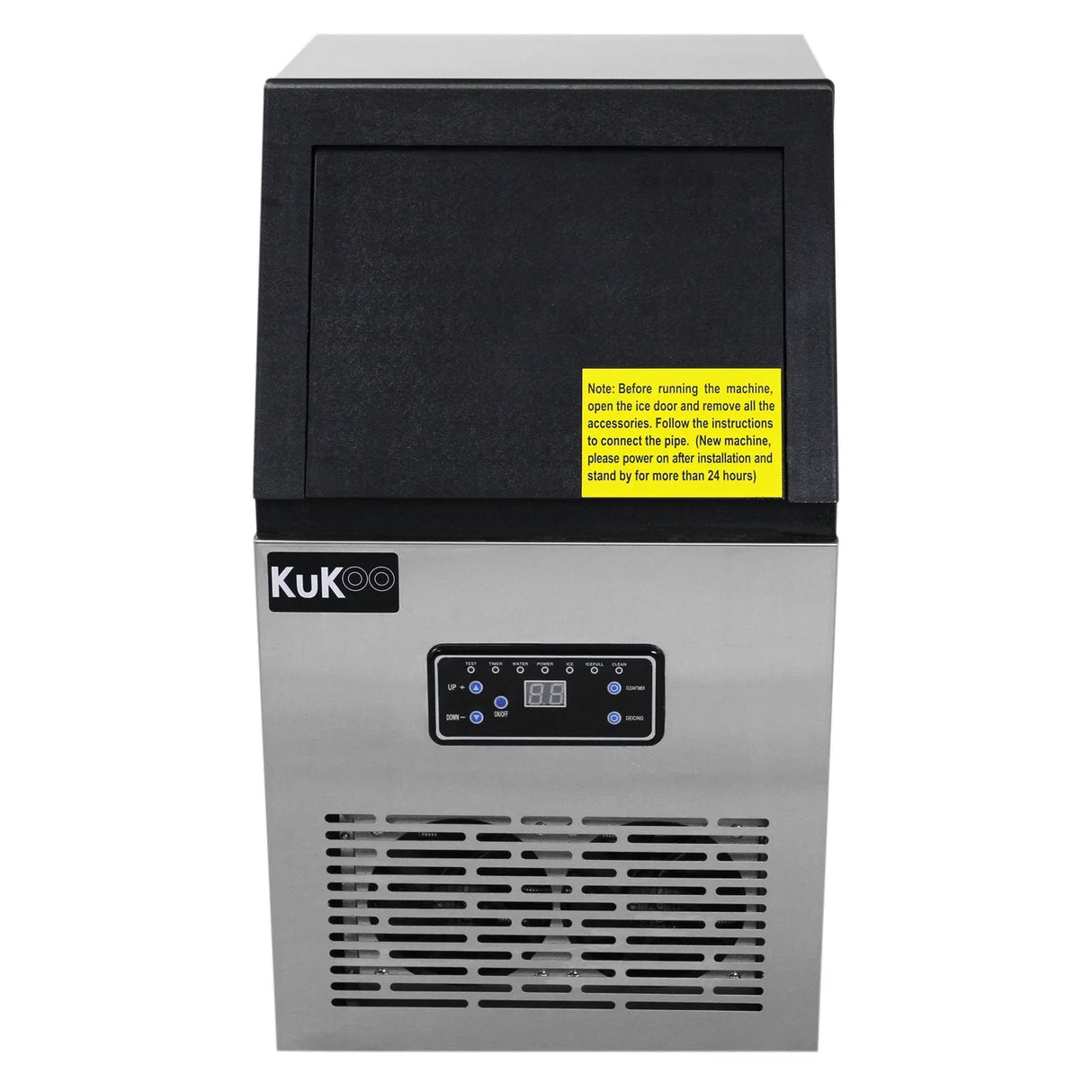 KuKoo Commercial Ice Machine with a sleek stainless steel body, black top, digital control panel, and ventilation grill for efficient ice production