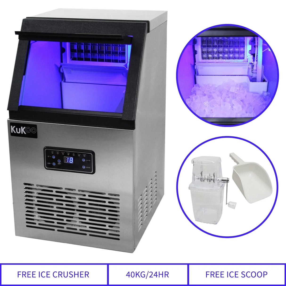 KuKoo Commercial Ice Machine with stainless steel finish, illuminated interior, and included ice scoop and crusher, produces 40kg of ice daily
