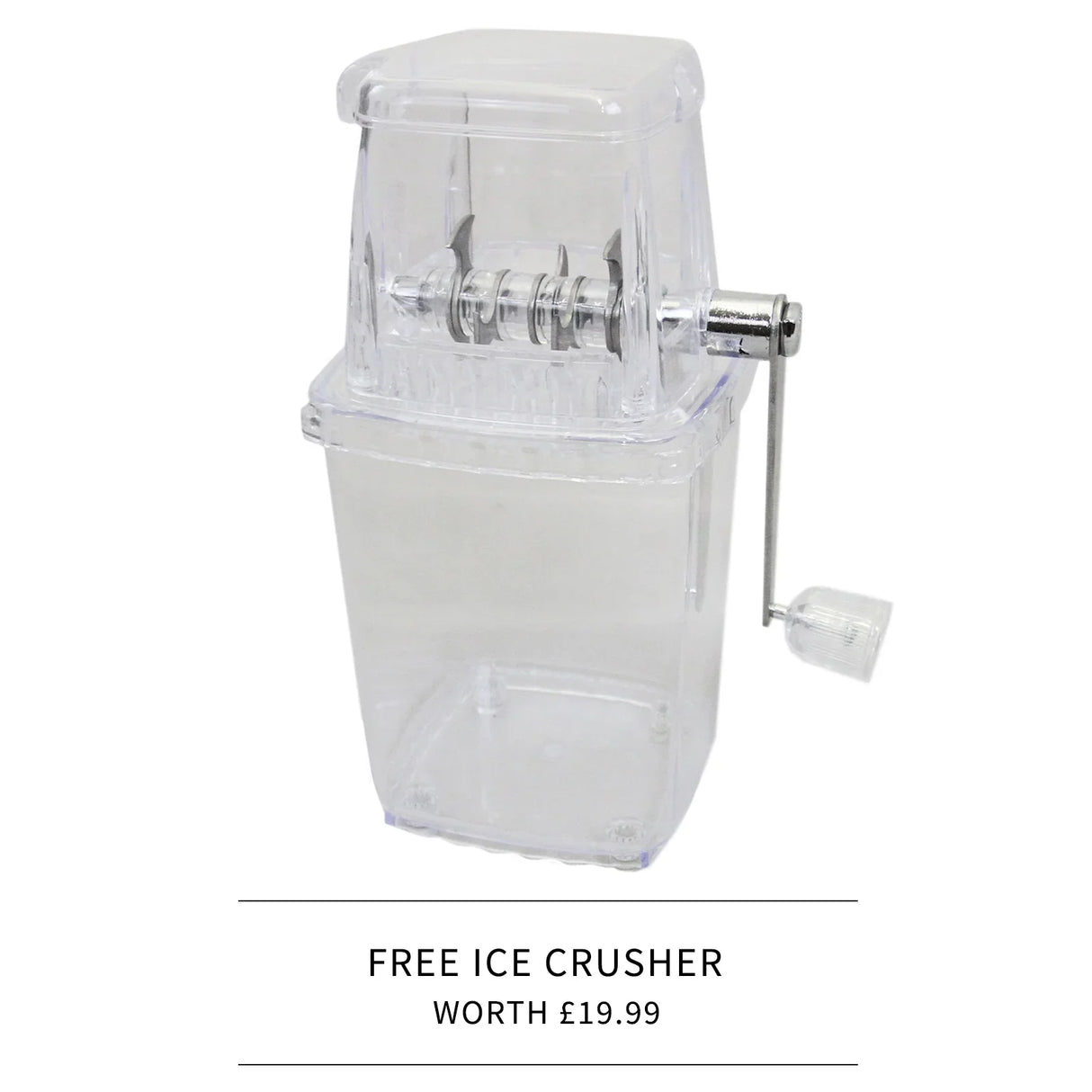 KuKoo Commercial Ice Machine in clear plastic, featuring a stainless steel ice crushing mechanism and a sturdy handle for easy operation