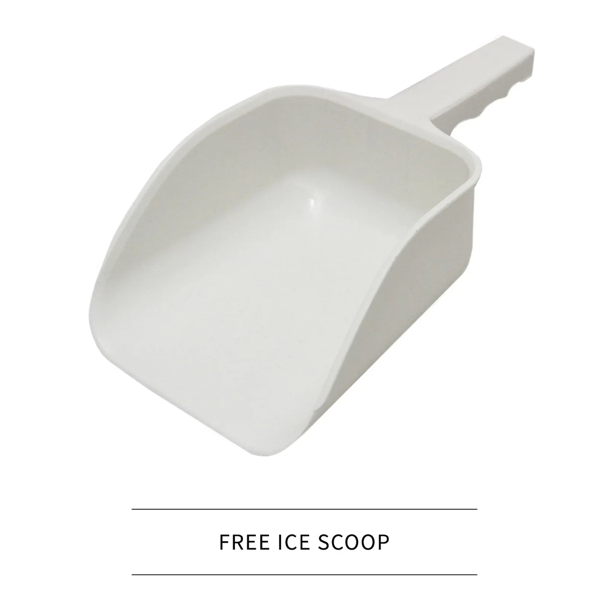 White plastic ice scoop with a sturdy handle, designed for easy serving of ice from the KuKoo Commercial Ice Machine