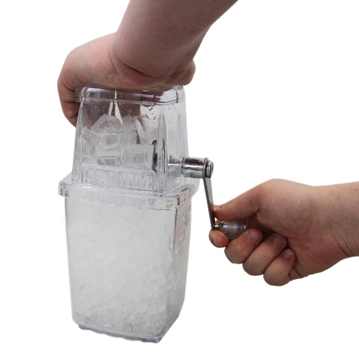 KuKoo Commercial Ice Machine with a clear plastic body, hand-crank mechanism, and ice-filled container for easy ice production