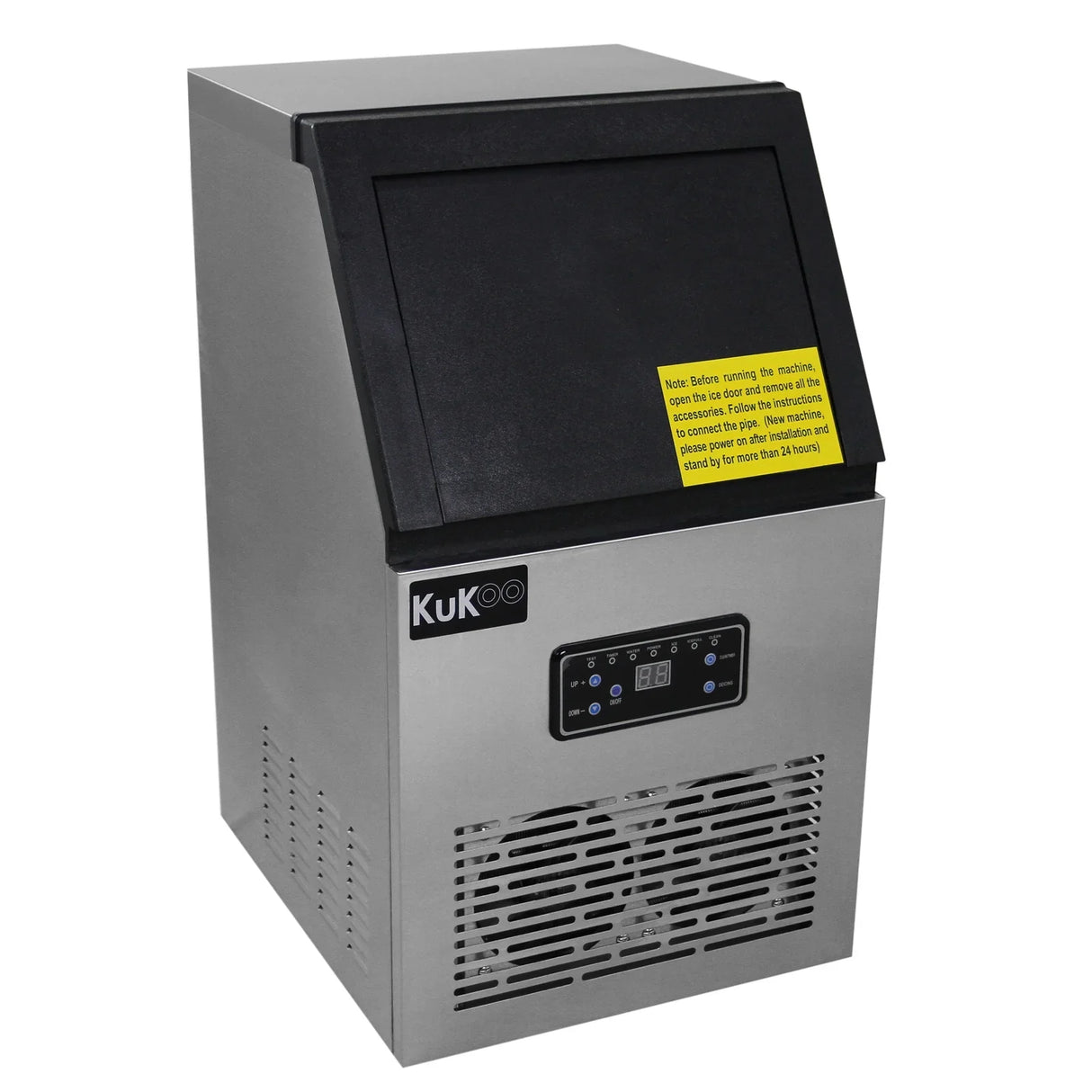 KuKoo Commercial Ice Machine with stainless steel finish, digital control panel, and large ice storage capacity for efficient use