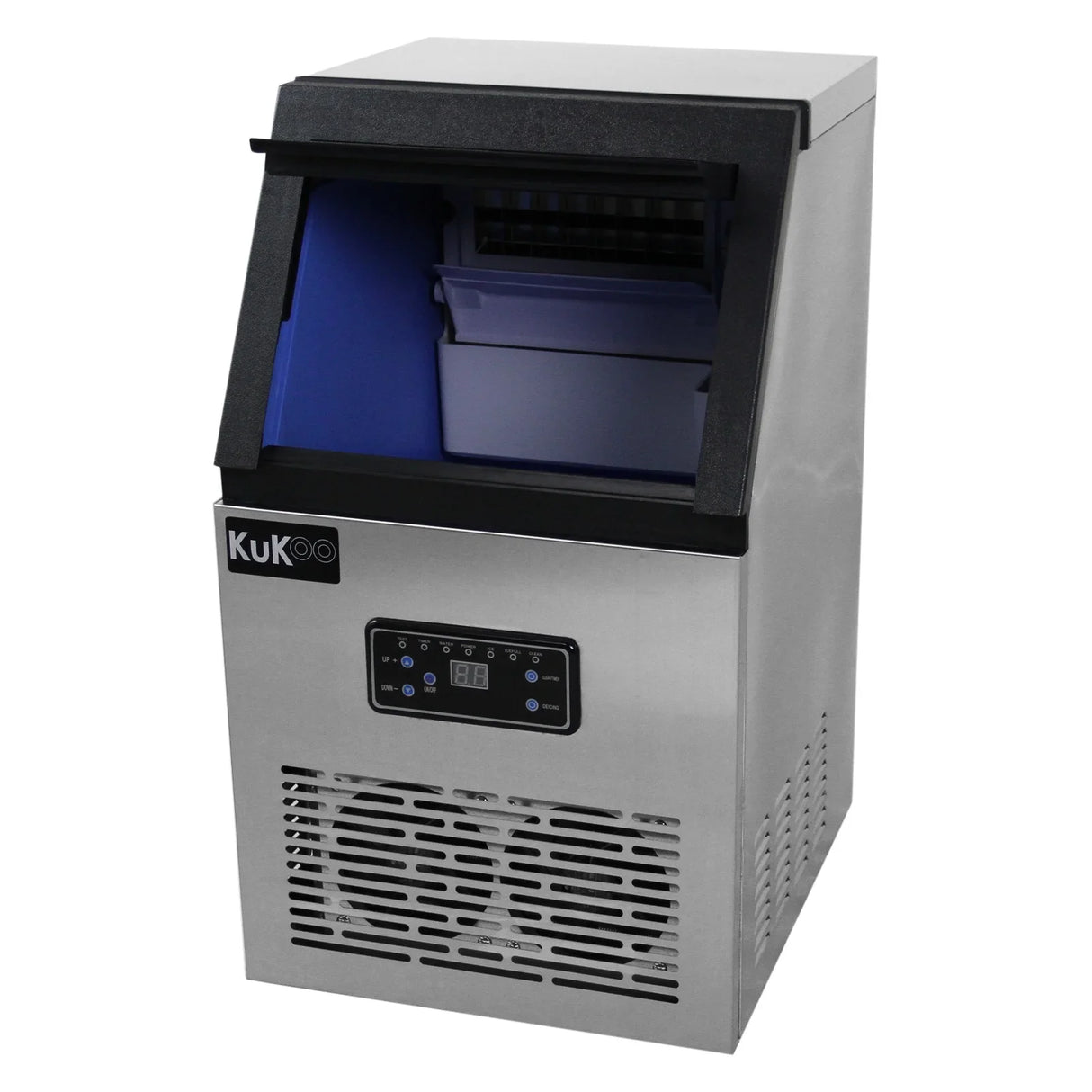 Stainless steel KuKoo commercial ice machine with a sleek design, digital control panel, and blue interior for ice storage