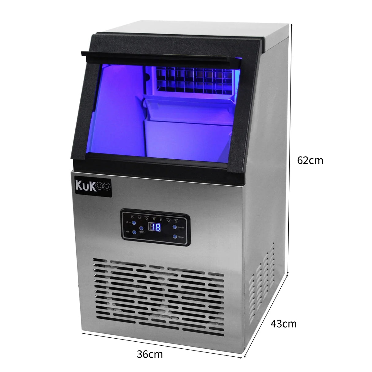 KuKoo Commercial Ice Machine with stainless steel finish, digital display, and illuminated interior for easy ice production
