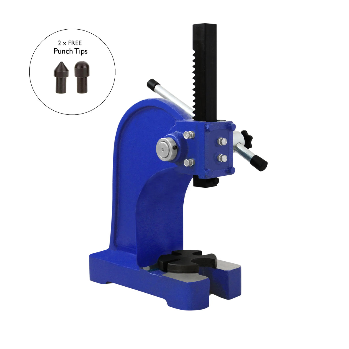 T-Mech Arbor Press in vibrant blue with a sturdy base, adjustable handle, and two free punch tips included for versatile use