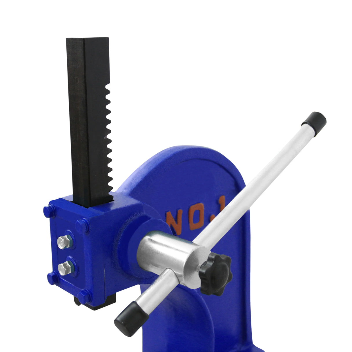 T-Mech Arbor Press featuring a sturdy blue frame, adjustable lever, and a black serrated ram for precise pressing tasks