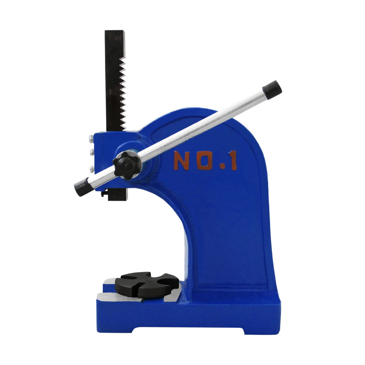 T-Mech Arbor Press in vibrant blue with a sturdy metal frame, featuring a black handle and adjustable pressure plate for precision work
