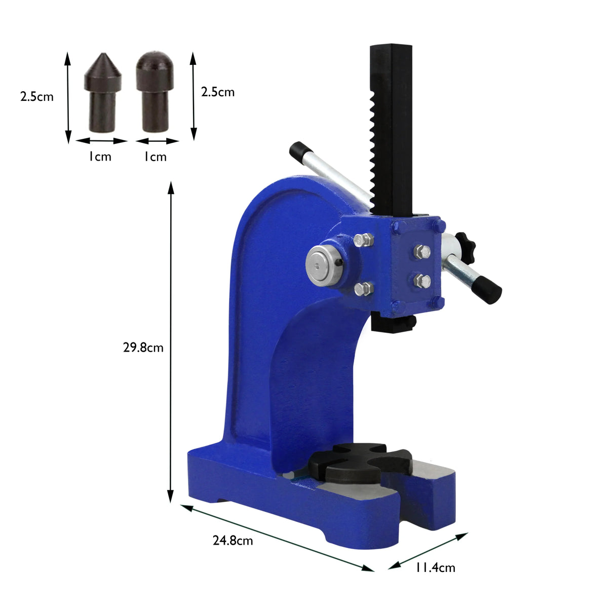 T-Mech Arbor Press in vibrant blue, featuring a sturdy base, adjustable handle, and two interchangeable metal dies for versatility