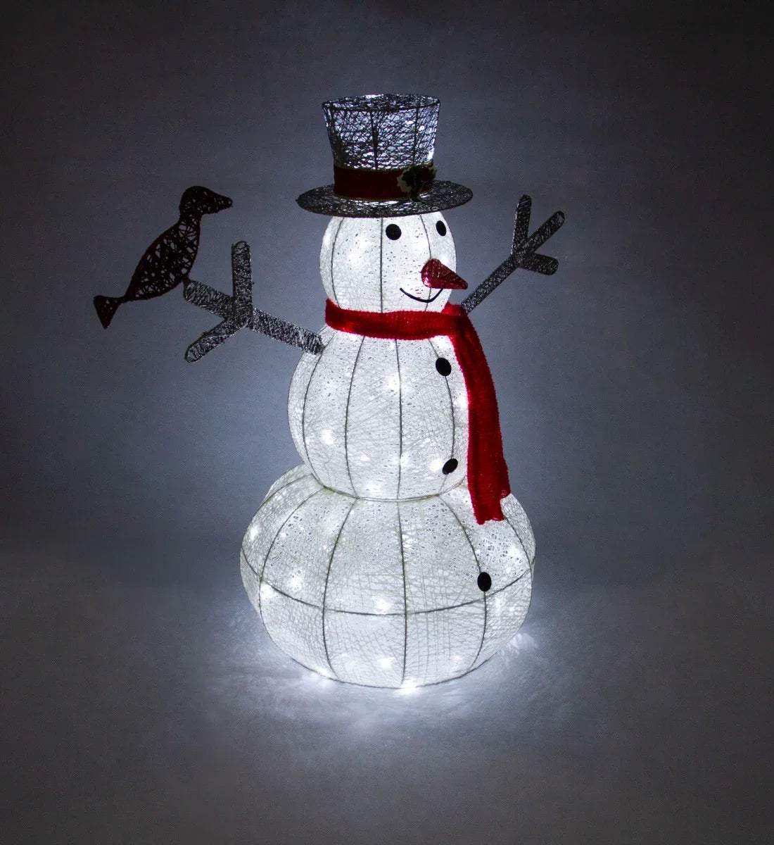 Light-Up Snowman with a black top hat, red scarf, and bird accent, featuring glowing white mesh body and festive charm
