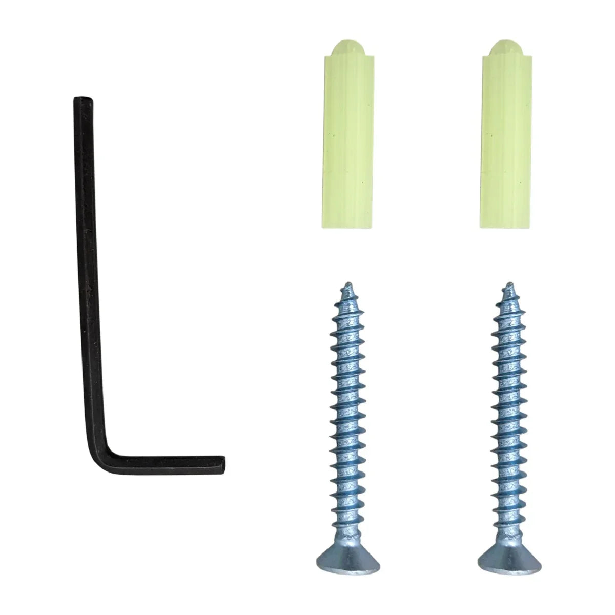 Includes installation hardware for T-Mech Swing Gate Opener, featuring screws, wall plugs, and an Allen wrench for easy setup