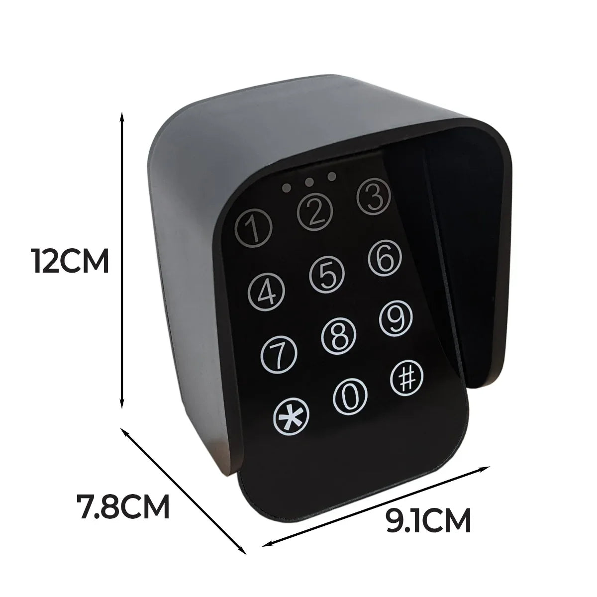 Wireless keypad for T-Mech swing gate opener, featuring a sleek black design, illuminated buttons, and compact dimensions of 12x9.1x7.8 cm