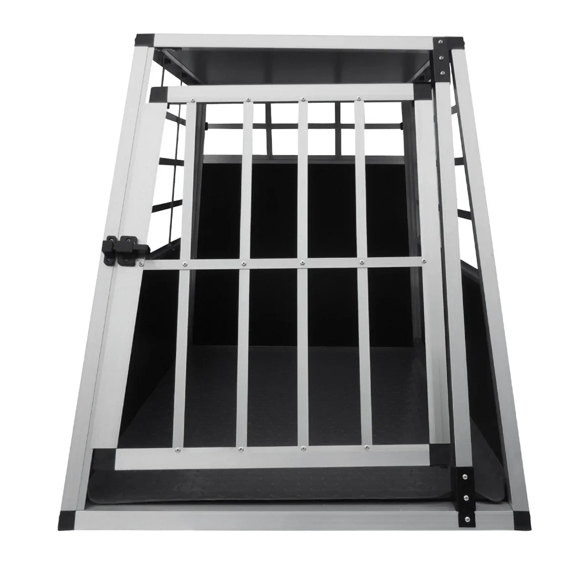Large single door car dog crate featuring a sturdy aluminum frame, black rubber mat, and a spacious, open design for comfort