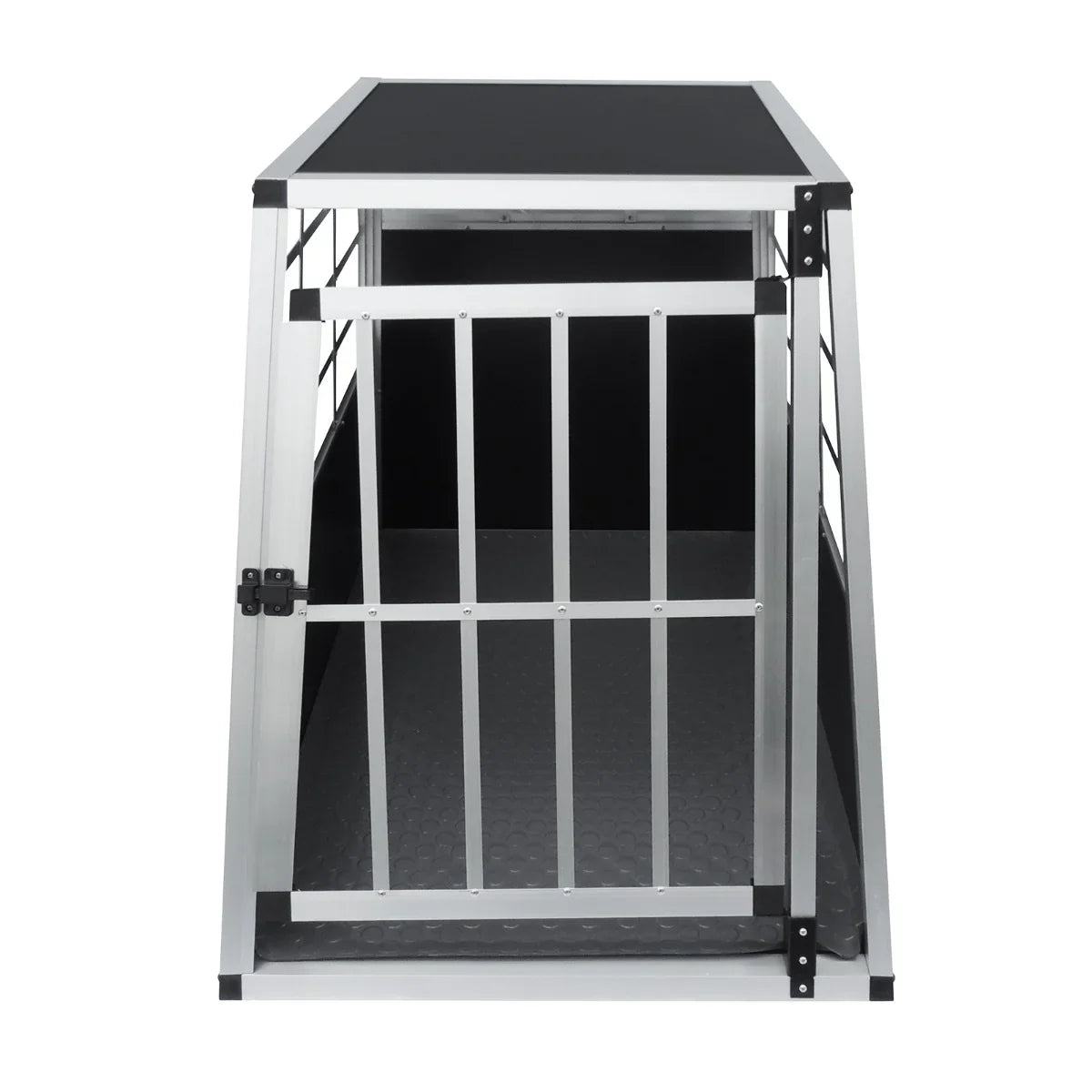 Large single-door car dog crate with a sturdy aluminum frame, black textured floor, and a secure, easy-access front gate