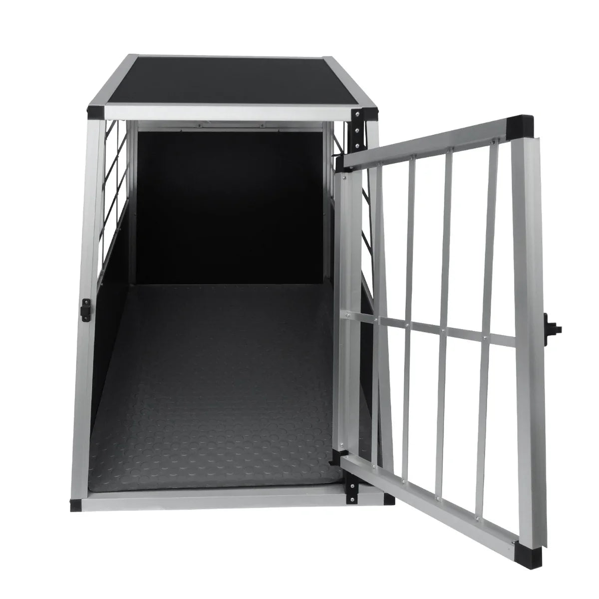 Large single door car dog crate with a sturdy aluminum frame, black interior, and textured floor for secure pet transport