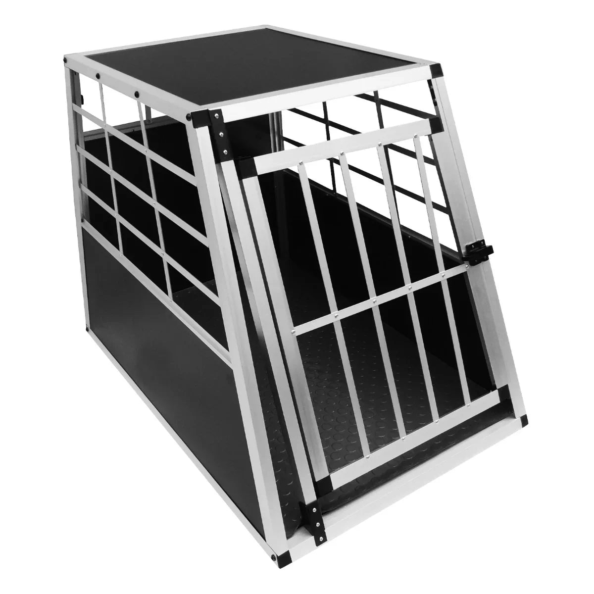 Large single door car dog crate featuring a sturdy aluminum frame, black textured base, and secure metal bars for ventilation