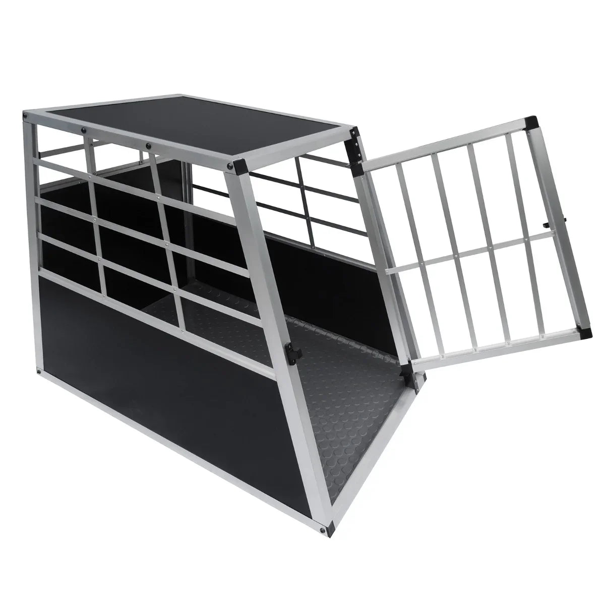 Large single door car dog crate featuring a sturdy aluminum frame, black textured base, and a secure, open mesh design for ventilation