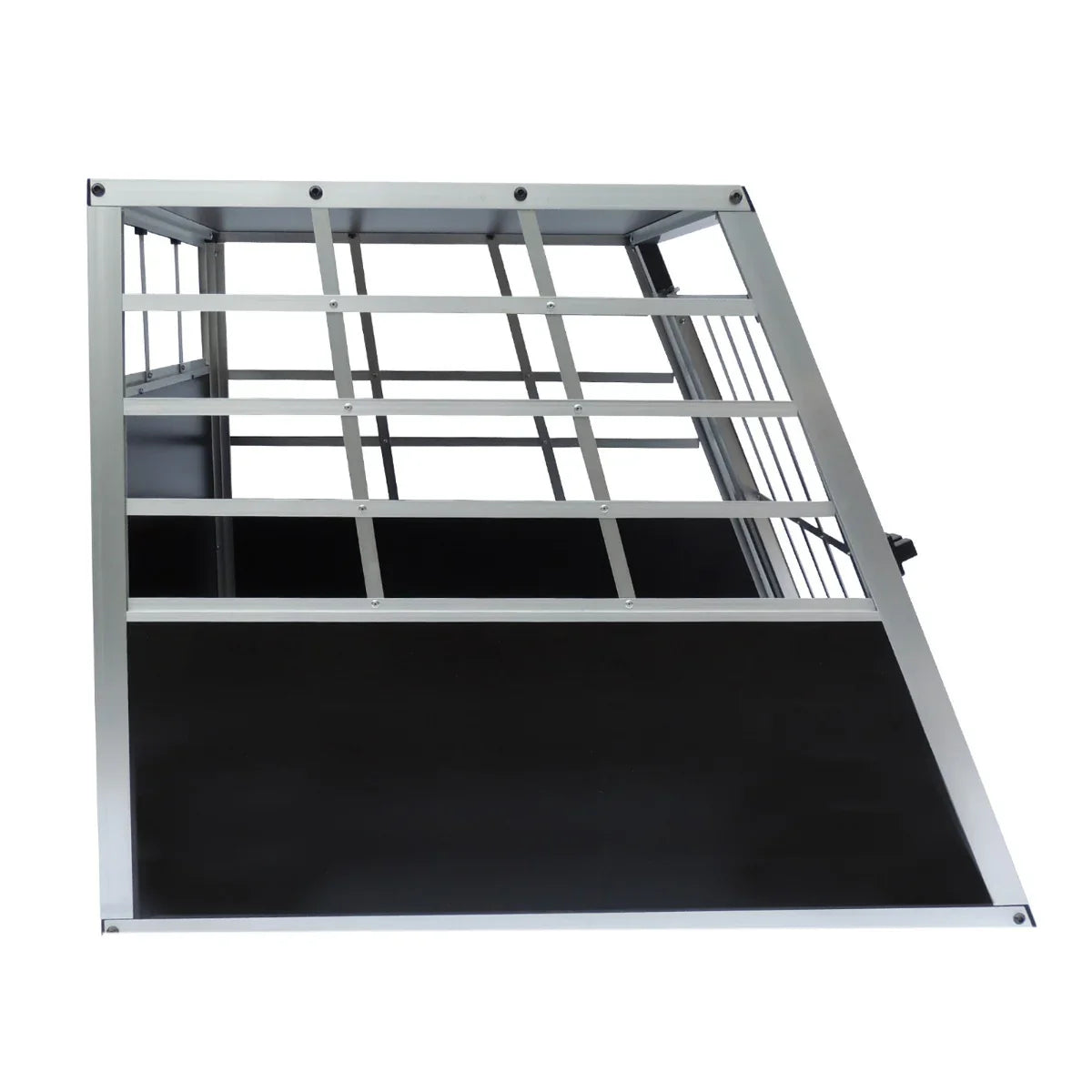 Large single door car dog pet crate featuring a sturdy metal frame, black bottom, and grid design for ventilation and visibility