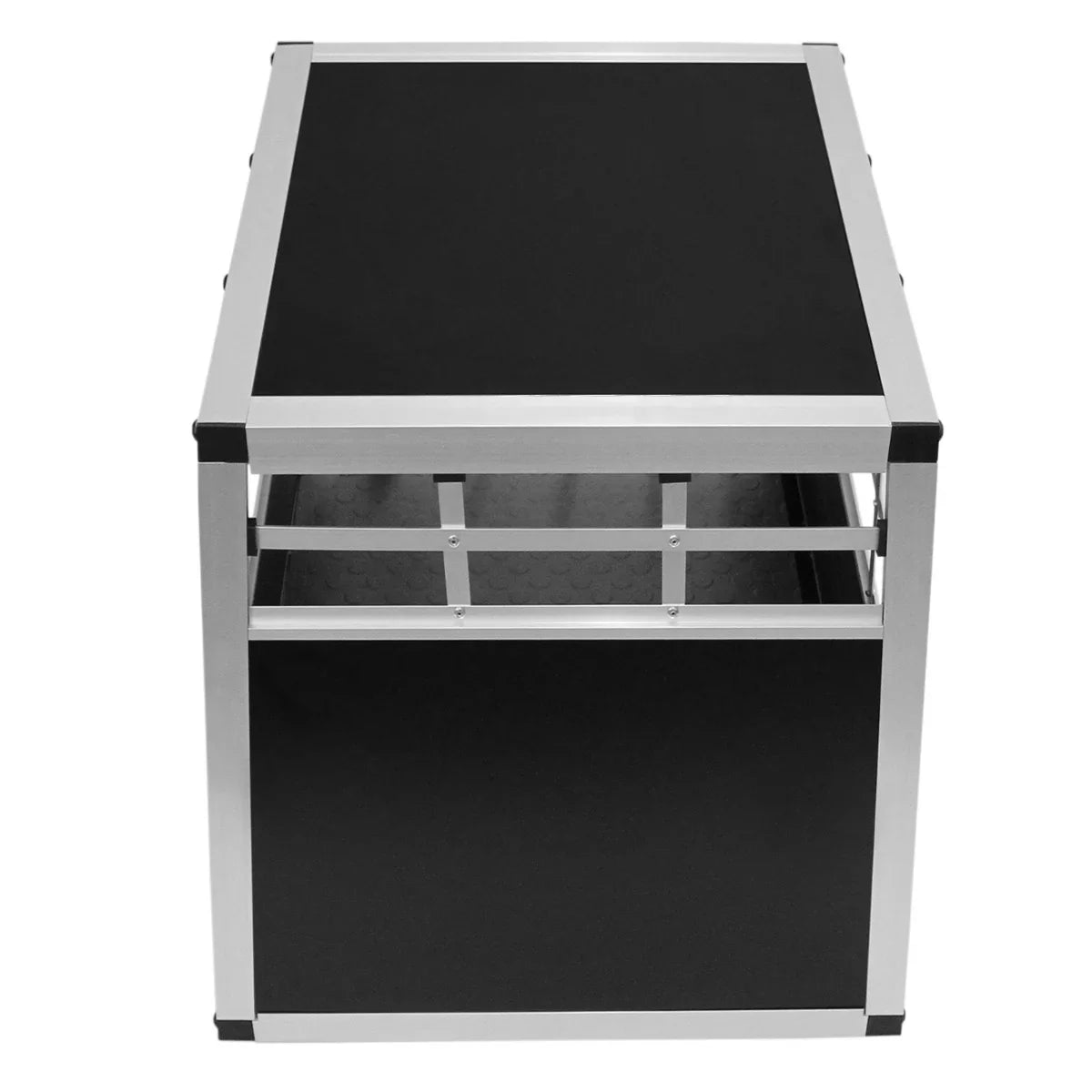 Large black aluminum dog crate with a single door, featuring a sturdy design and ventilation slats for pet comfort