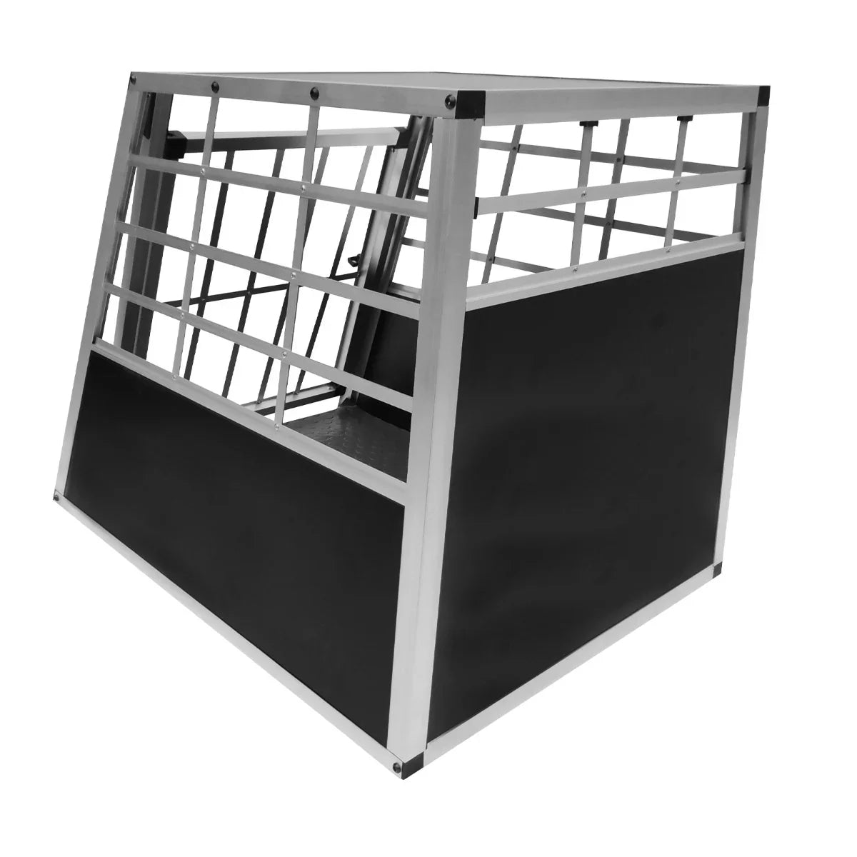 Large single door car dog crate featuring a sturdy aluminum frame, black metal panels, and a secure, ventilated design for pets