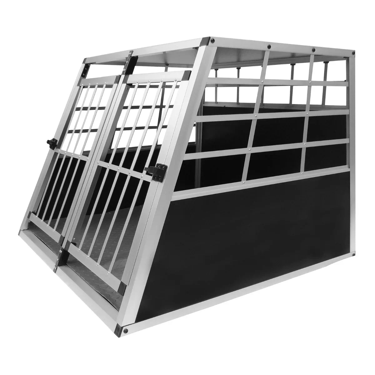 Large car dog crate with double doors, featuring a sturdy aluminum frame, black interior, and a sloped design for easy access