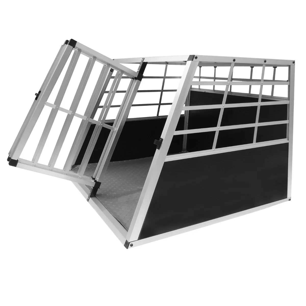 Large black and silver car dog crate with double doors, featuring a sturdy aluminum frame and a textured interior for comfort