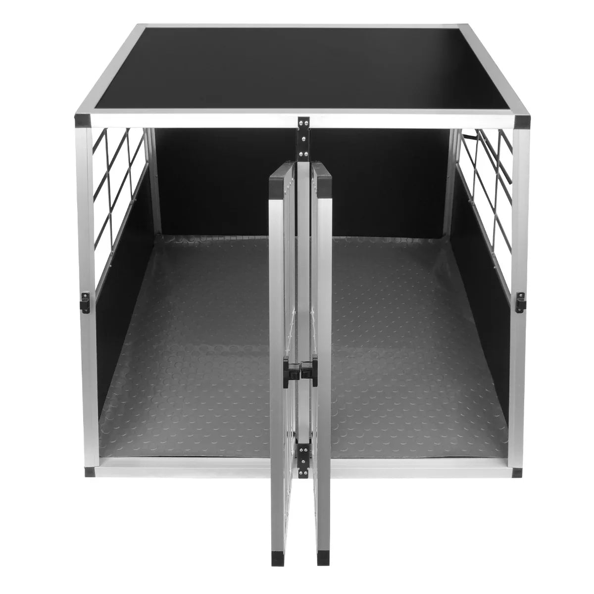 Large dog crate with double doors, featuring a sturdy aluminum frame, black top, and textured silver floor for durability and comfort