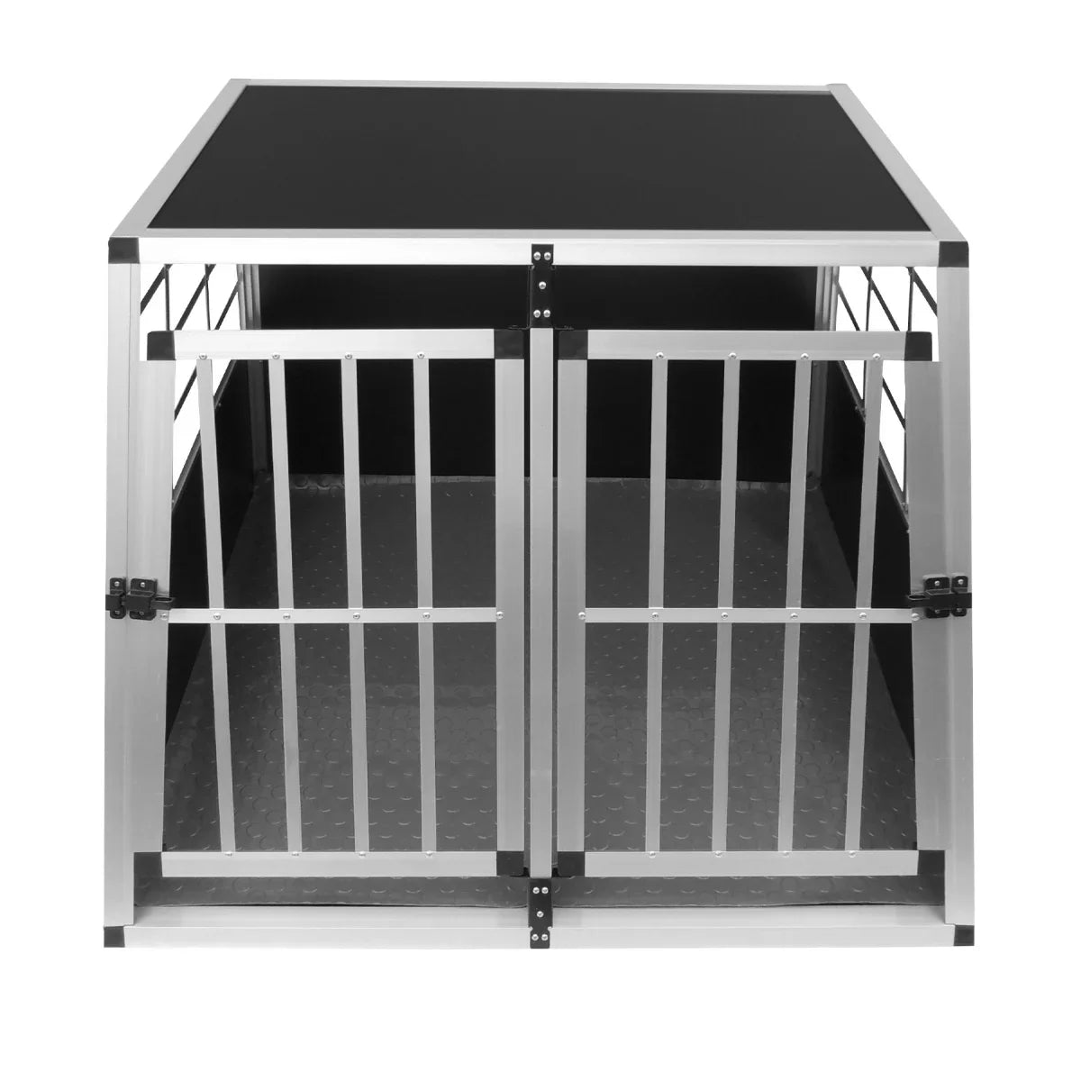 Large dog crate with double doors, made of durable metal, featuring a sleek black top and a textured floor for stability