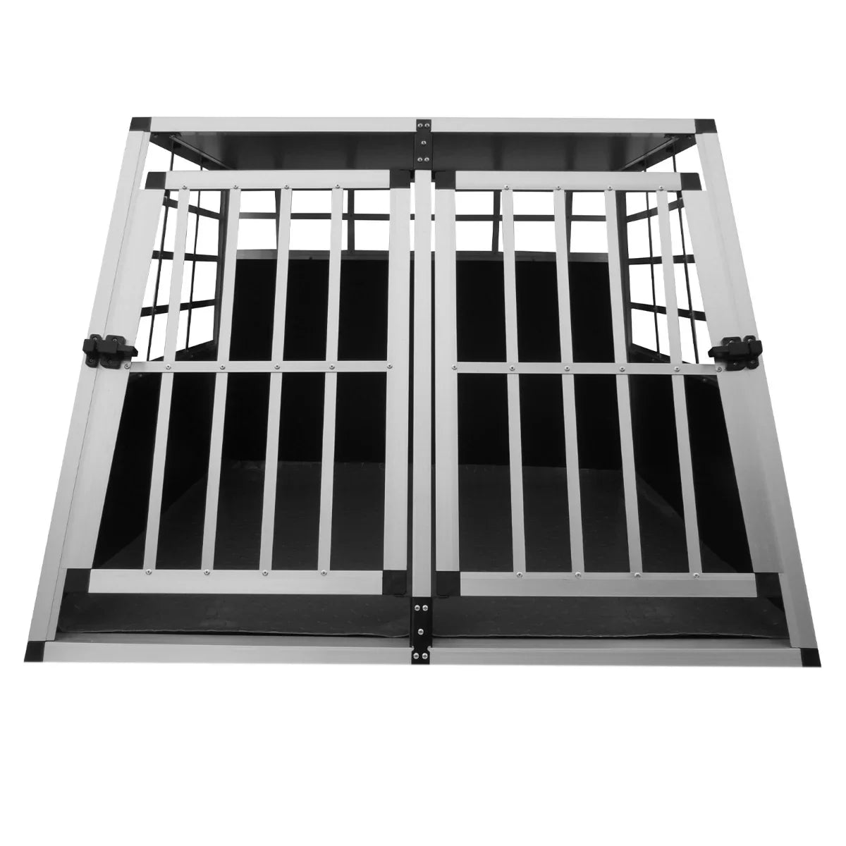 Large double-door car dog crate featuring sturdy aluminum construction, black interior, and a spacious design for pet comfort