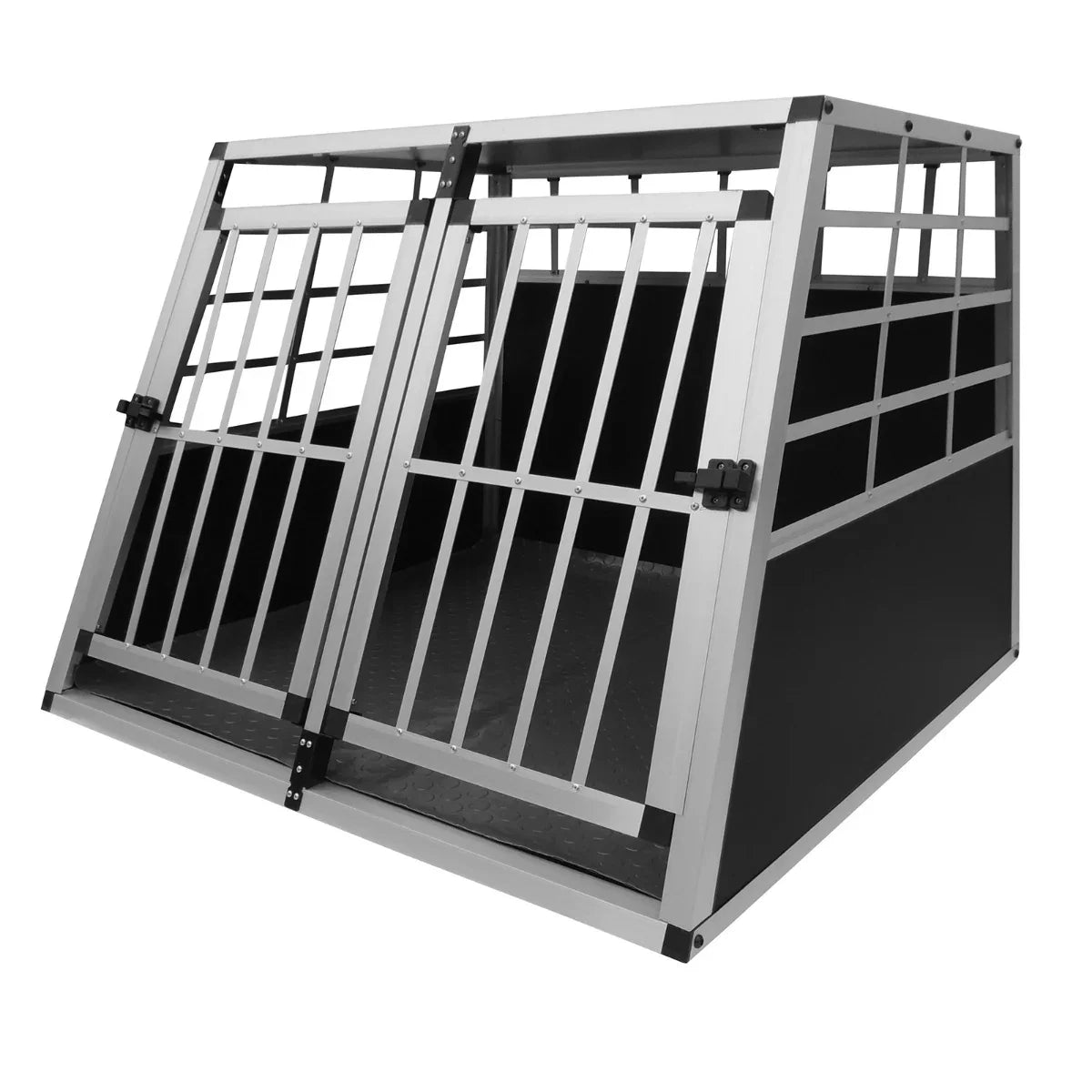 Large dog pet crate with double doors, featuring a sturdy aluminum frame, black metal panels, and a spacious interior for comfort