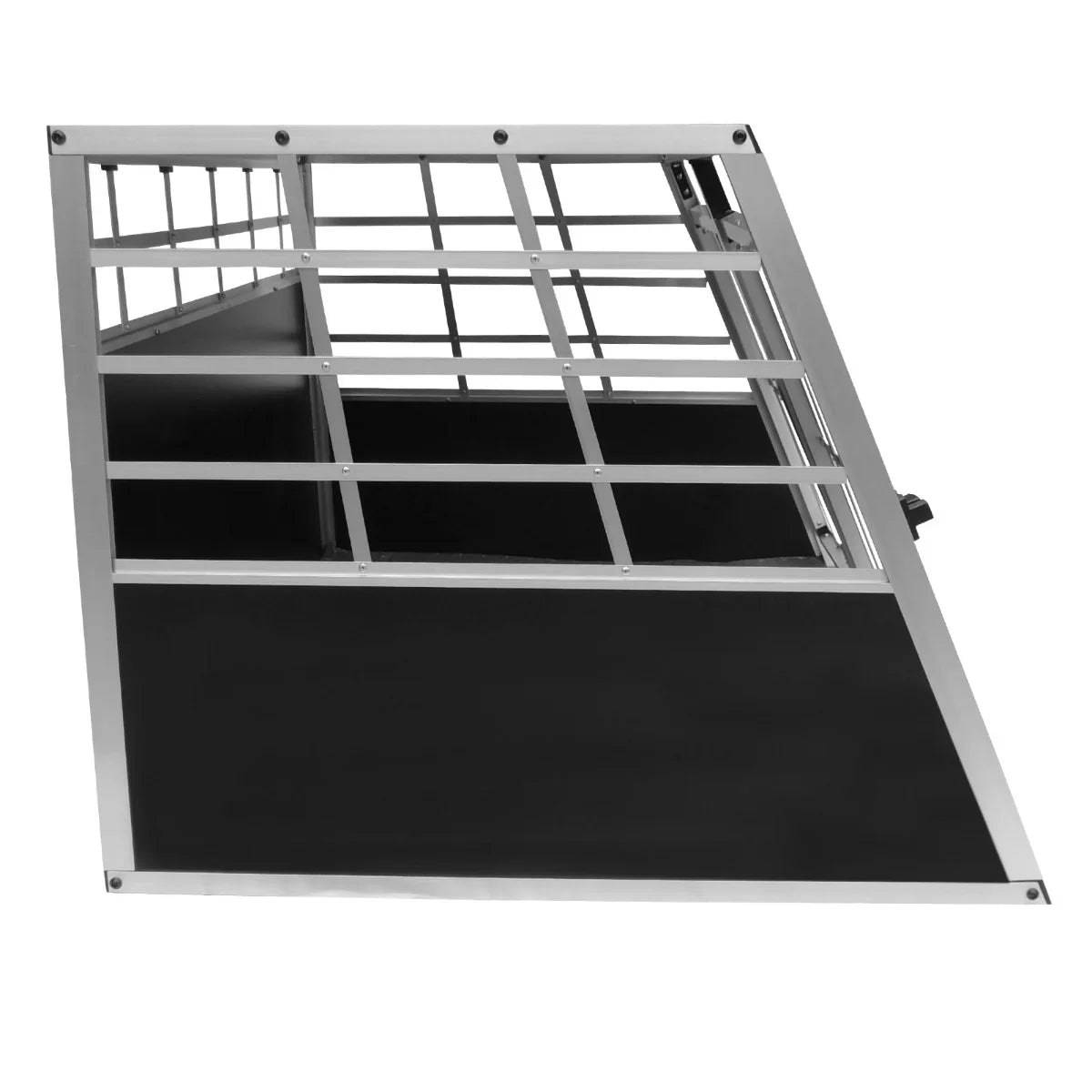 Large car dog pet crate with double doors, featuring a sturdy metal frame, black base, and grid design for ventilation and visibility