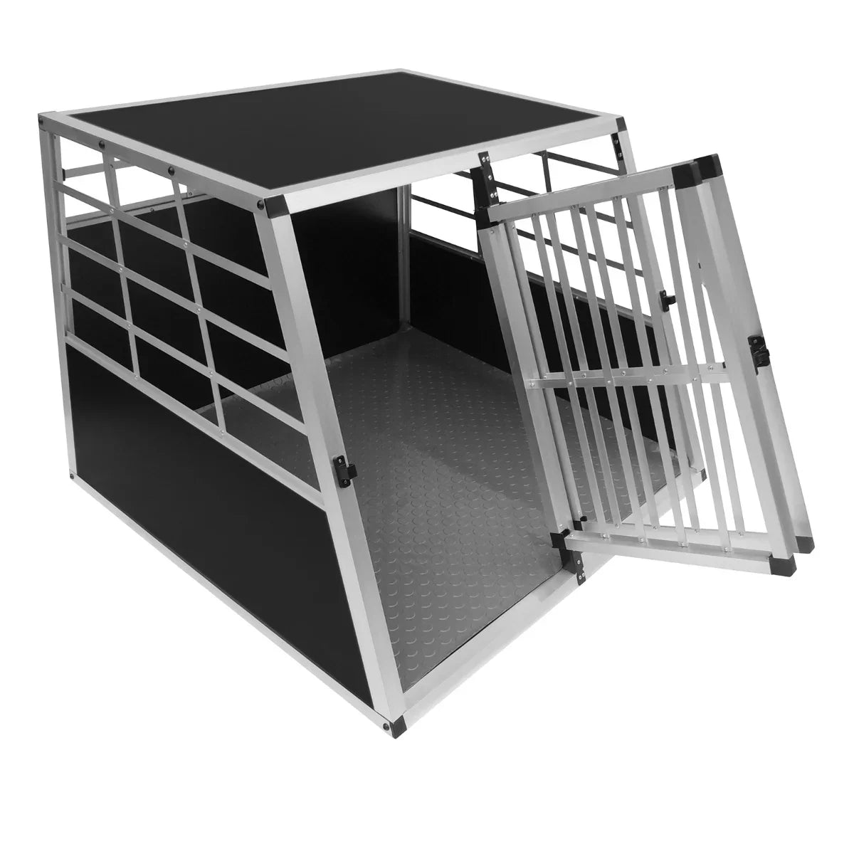 Large car dog crate with double doors, sturdy aluminum frame, black metal mesh, and textured floor for pet comfort and safety