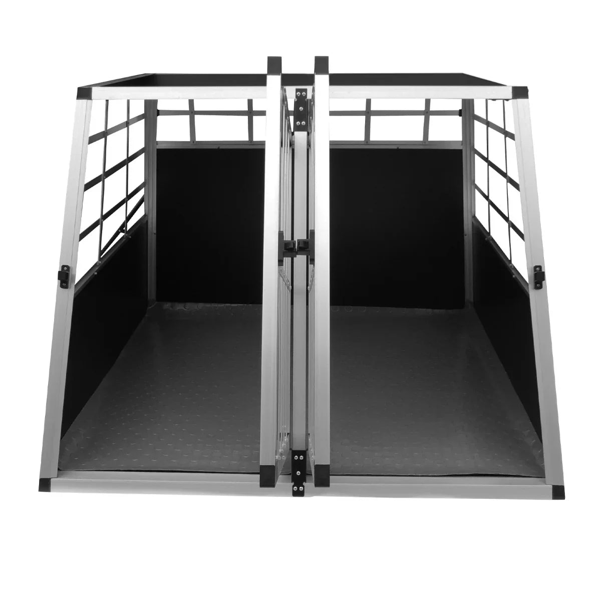 Large double-door car dog crate featuring a sturdy aluminum frame, spacious interior, and a textured non-slip floor for pet safety