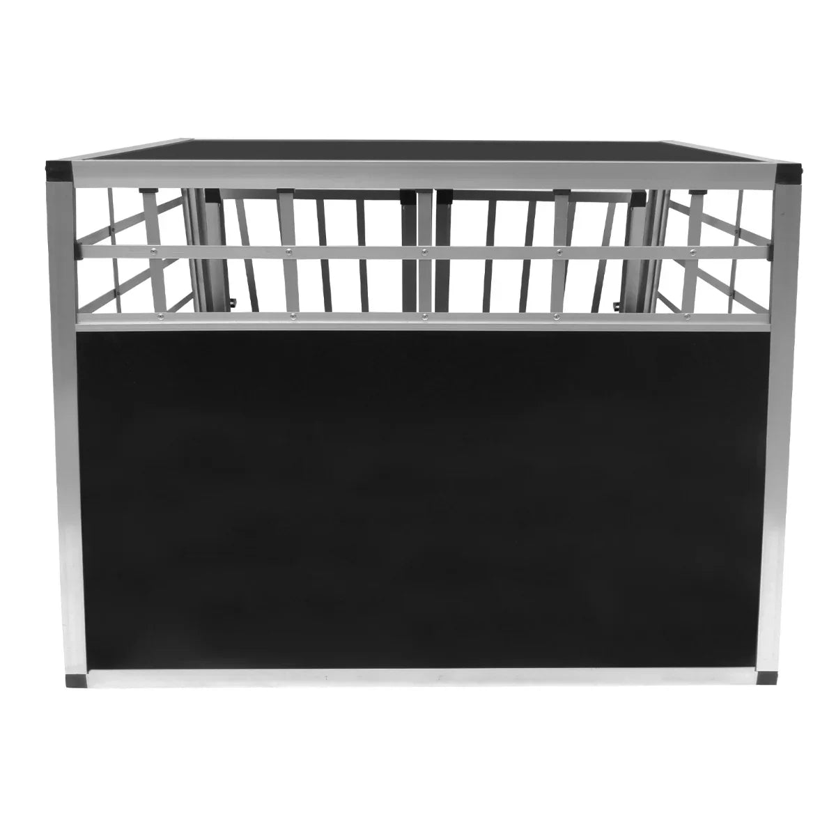 Large black metal dog crate with double doors, featuring a sturdy frame and open slats for ventilation and visibility