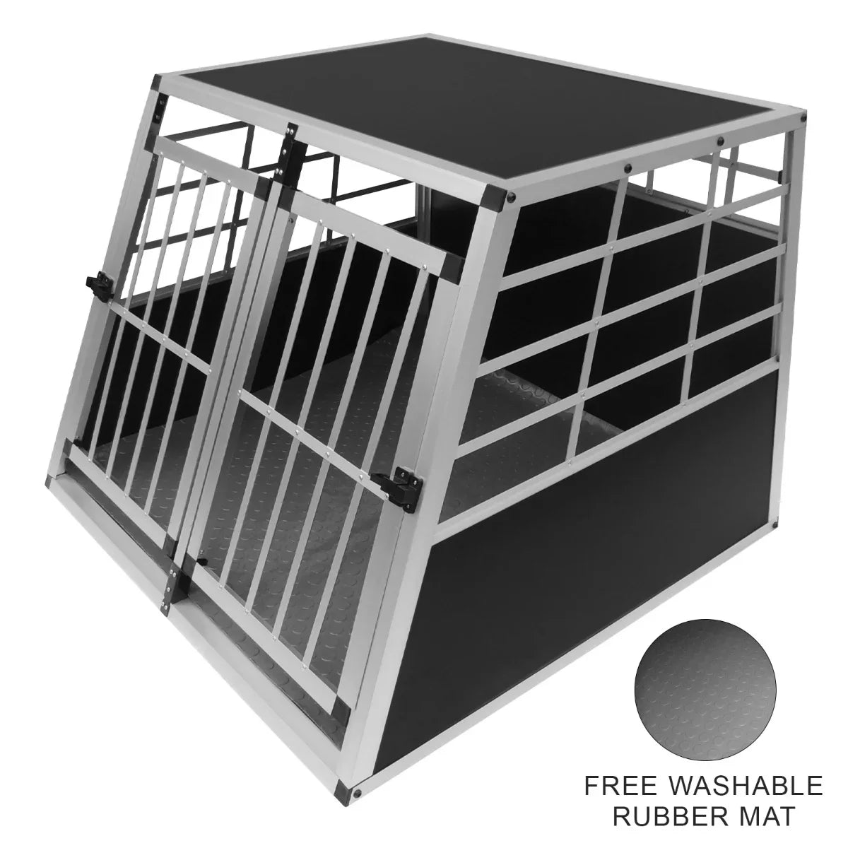 Large dog pet crate with double doors, sturdy aluminum frame, black finish, and a free washable rubber mat for easy cleaning