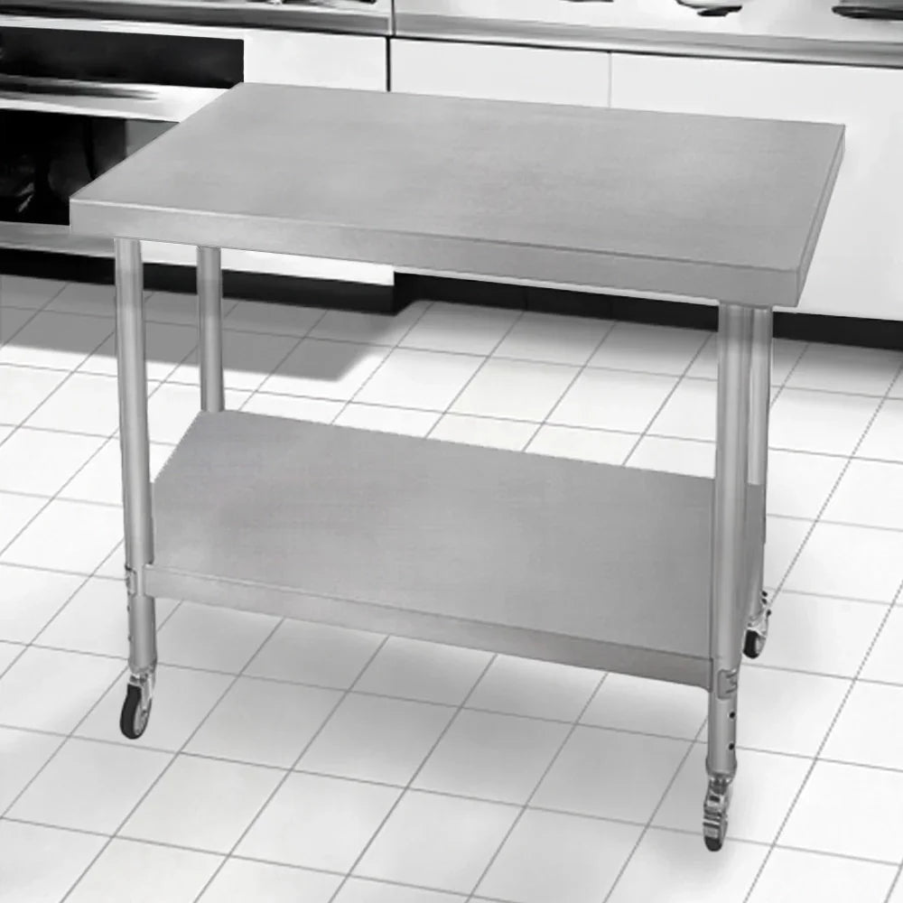 Stainless steel KuKoo work table with a smooth top, sturdy legs, and a lower shelf, ideal for kitchens or workshops, 90cm x 76cm x 86cm