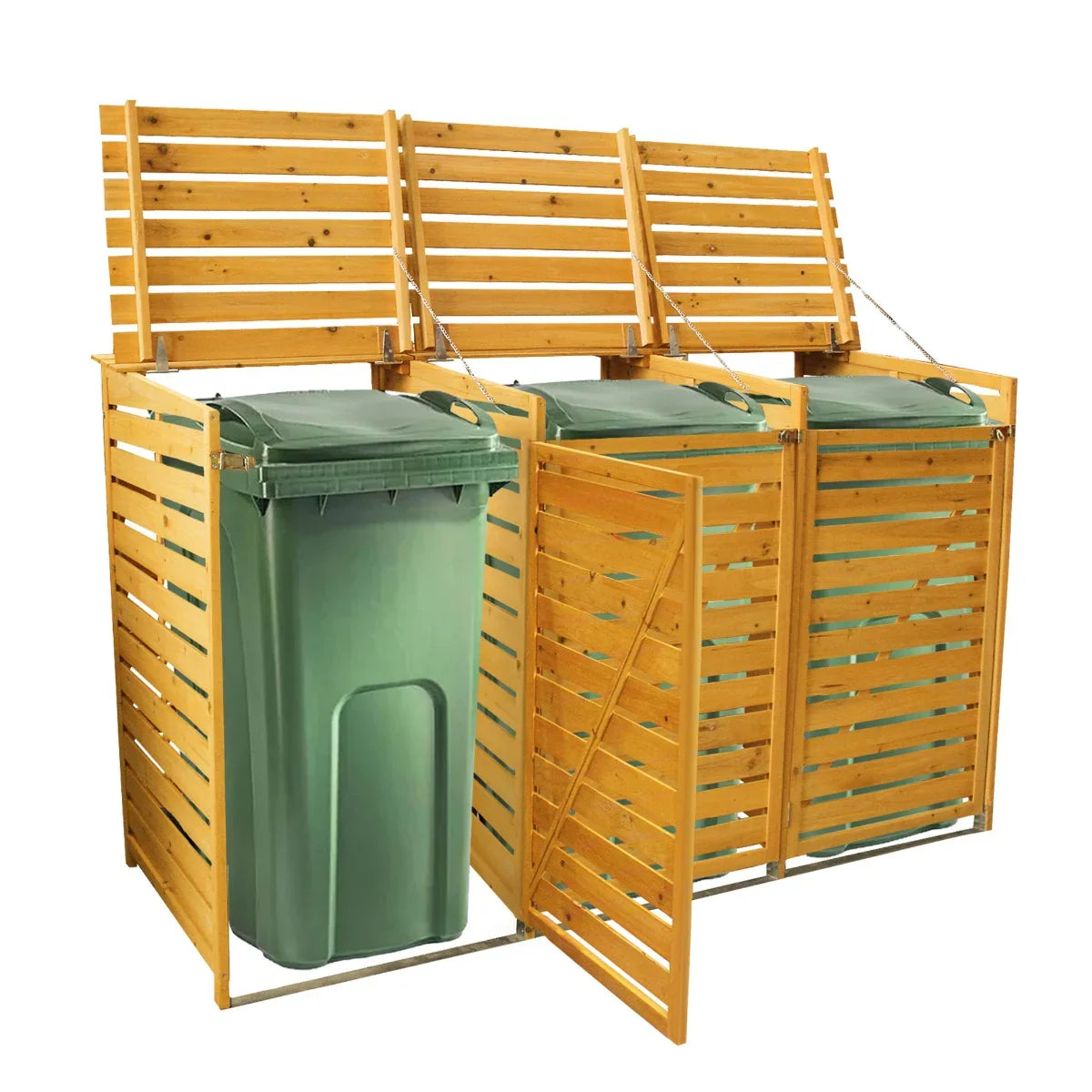 Triple wheelie bin storage unit with natural wood slats, holding three green bins, featuring a hinged lid and open side for easy access