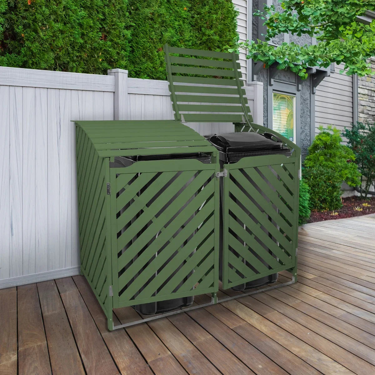 Sage green double wheelie bin storage with slatted design, featuring two compartments for trash bins, set on a wooden deck