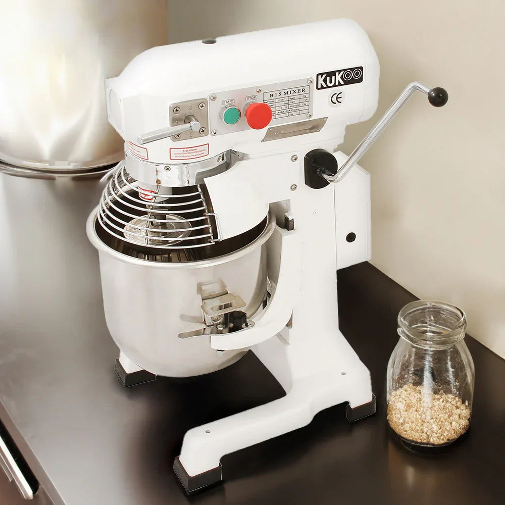 Commercial 15L planetary food mixer in white with stainless steel bowl, featuring a whisk attachment and control panel on the side