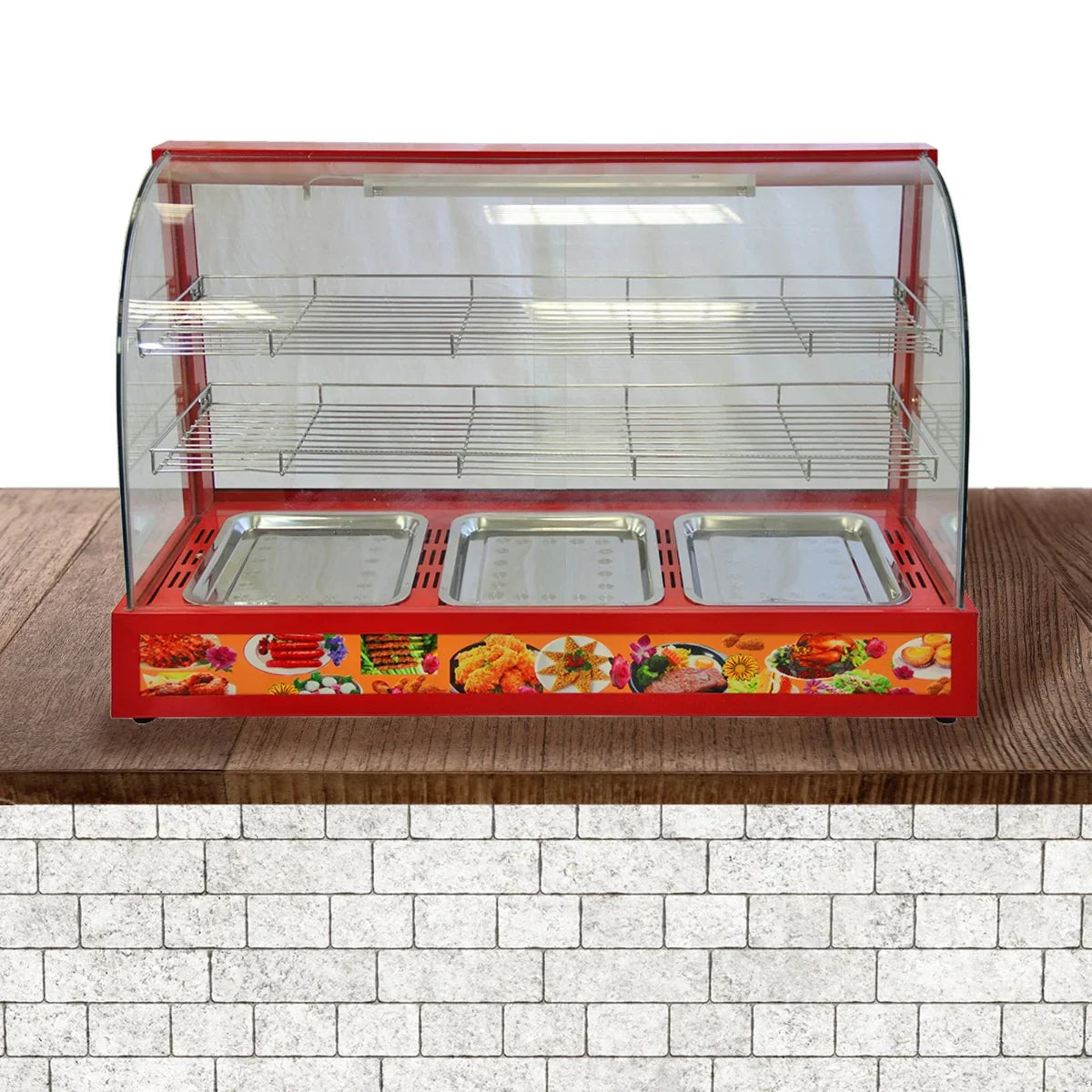 KuKoo 90cm wide glass food warmer with three stainless steel trays, red frame, and clear glass front for easy visibility of food items