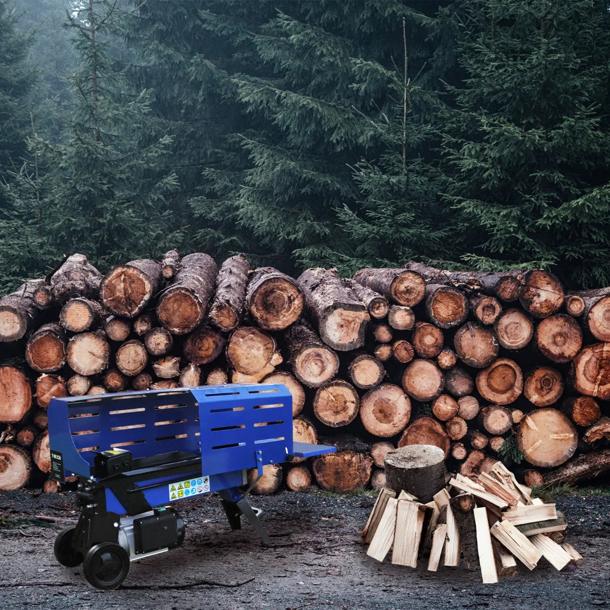 T-Mech 5T Log Splitter in blue, positioned beside a stack of logs and chopped wood, set against a forest backdrop