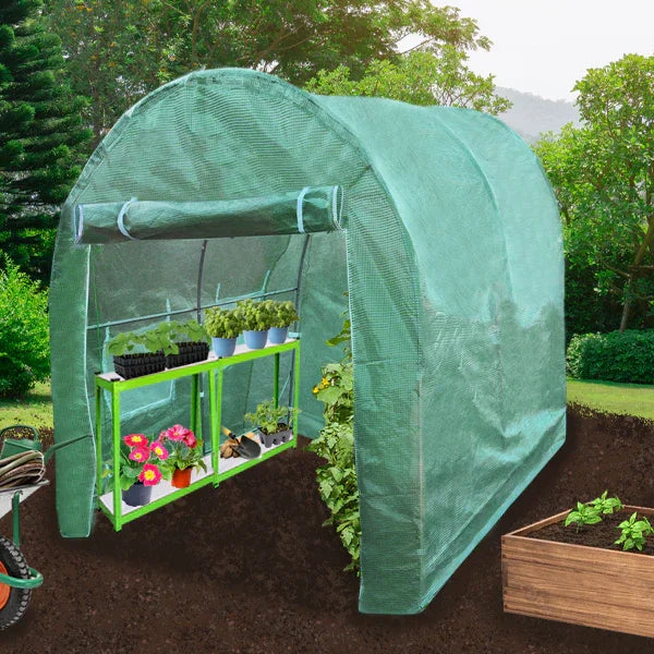 Polytunnel 3m x 2m in green, featuring a sturdy frame and racking, ideal for growing plants and protecting them from weather elements