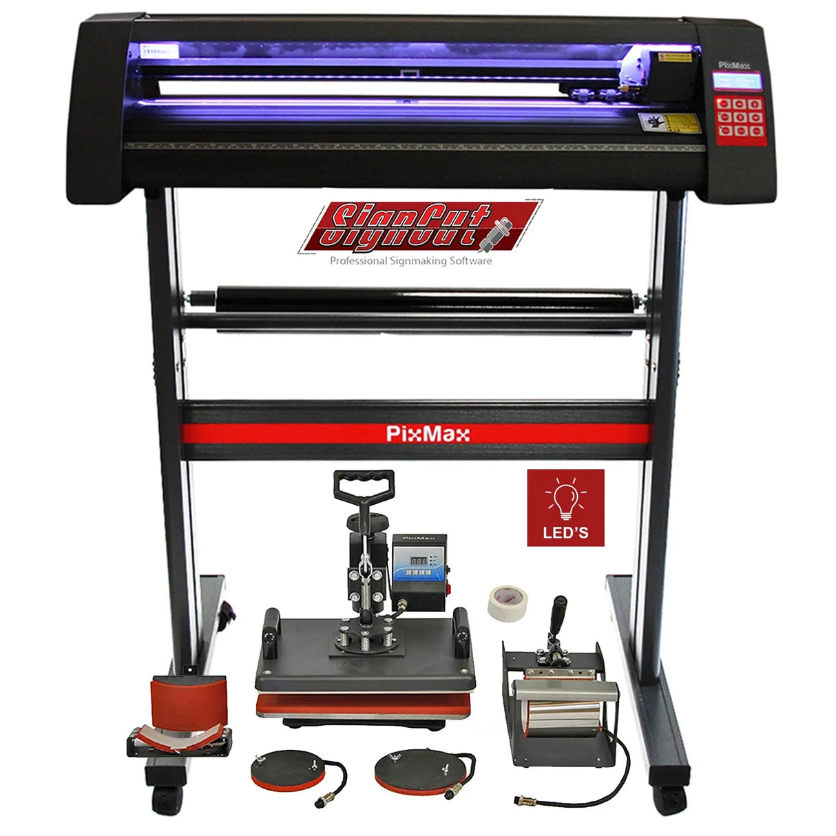 Vinyl Cutter LED with 5 in 1 Heat Press, featuring a sleek black and red design, includes Signcut Pro software and various attachments