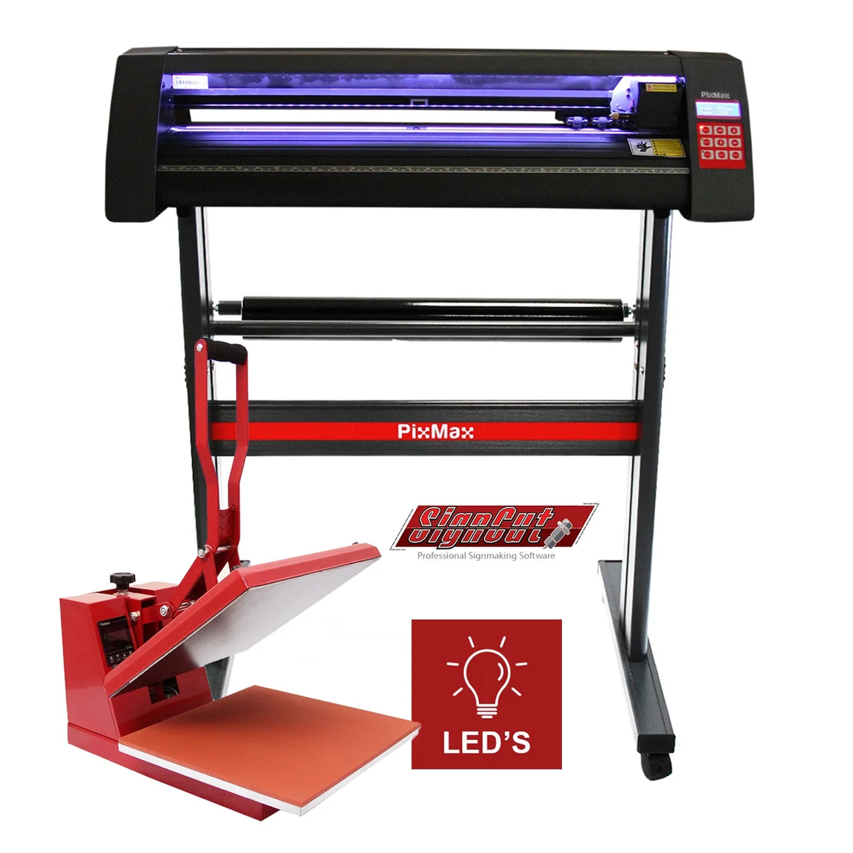 Vinyl cutter with LED lights, 38cm clam press in red, and SignCut software, showcasing sleek design and professional features