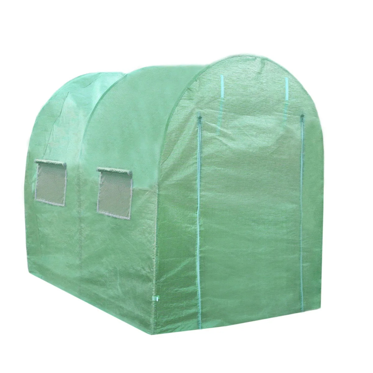 Green polytunnel greenhouse, 25mm frame, 4m x 2m size, featuring a rounded top, mesh windows, and durable weather-resistant material